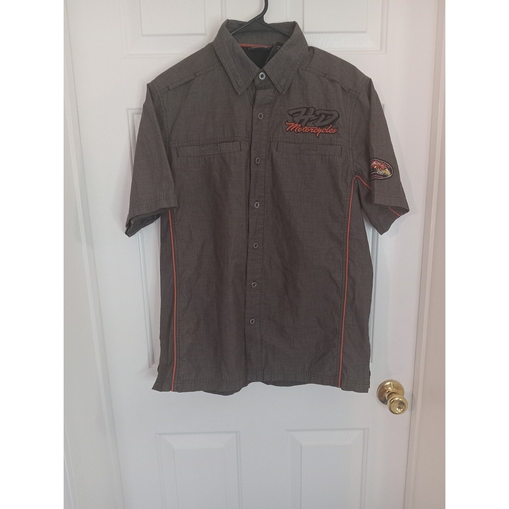 Harley Davidson Mens Brown Orange Garage Work Shirt Sz MEDIUM‎